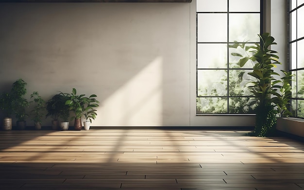 Interior de sala de estar moderna com janela e plantas