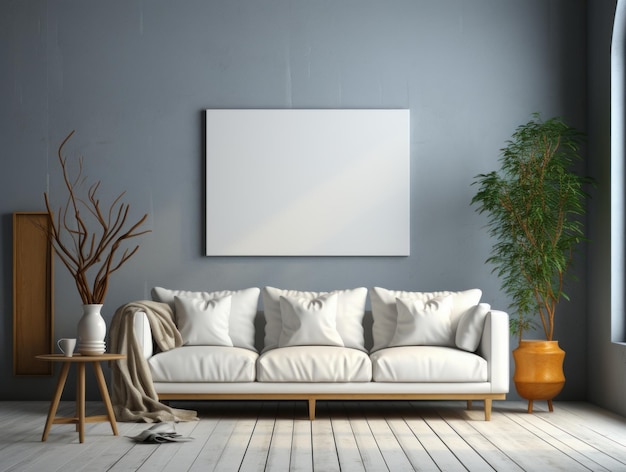 Interior de sala de estar moderna com parede azul e sofá renderização 3D