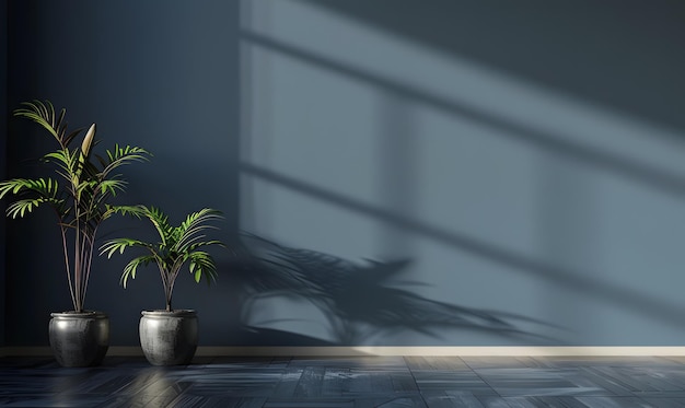 Interior de sala de estar moderna com parede cinzenta e plantas 3d render