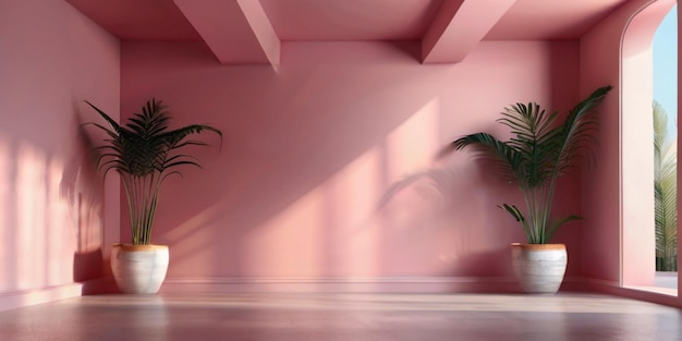 Interior de sala de estar moderna com paredes cor-de-rosa chão de concreto e planta em pote renderização 3d