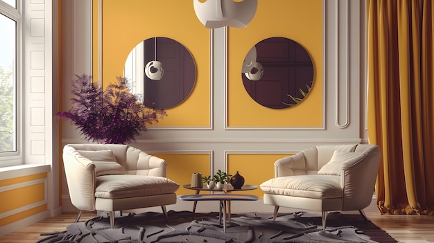 Interior de sala de estar moderna com paredes de madeira marrom sofá branco e plantas renderização 3D