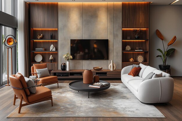 Interior de sala de estar moderna com paredes de madeira, tela de TV, sofá cinza e mesa de café em 3D