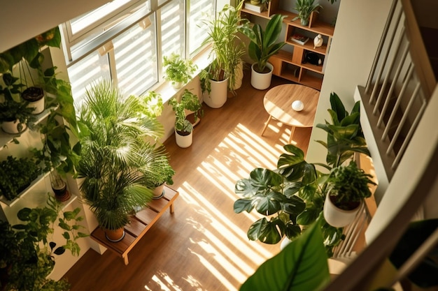 Interior de sala de estar moderna com plantas verdes em vasos