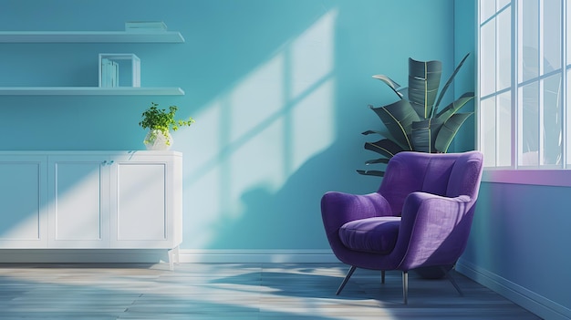 Interior de sala de estar moderna com sofá azul e plantas render 3d