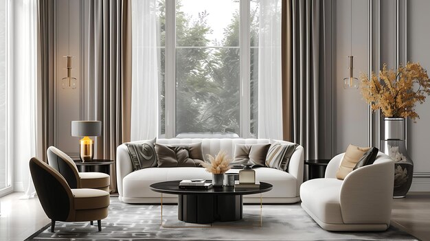 Interior de sala de estar moderna com sofá branco, poltronas e mesa de café