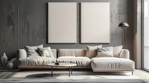 Interior de sala de estar moderna com sofá cinza, mesa de café e cartaz simulado