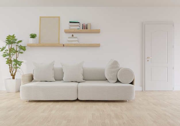 Interior de sala de estar moderna com sofá na cor coral viva do ano de 2019