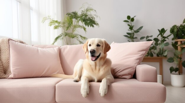 Interior de sala de estar moderno Labrador Retriever dourado no sofá IA generativa