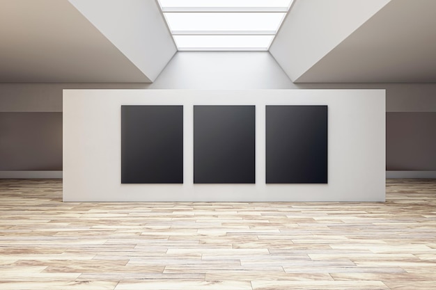 Foto interior de sala de galeria cinza brilhante com três cartazes pretos em branco e piso de madeira conceito de publicidade de exposição de galeria mockup 3d rendering