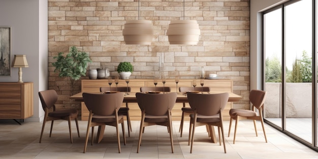 Interior de sala de jantar moderna mesa de jantar e cadeiras de madeira design de casa renderização 3d