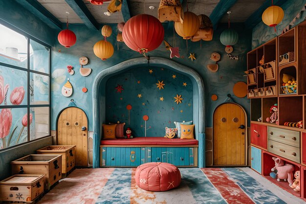 Foto interior de sala de jogos inspirada em pinóquio com um teatro de marionetas ideias de conceito de arte de decoração de brinquedos de madeira