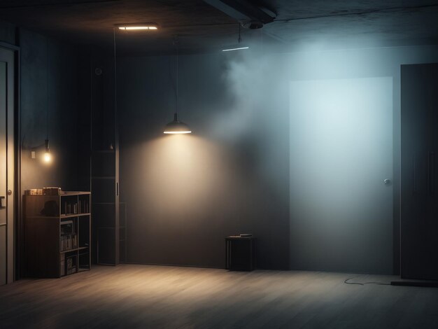 Foto interior de sala grunge 3d com holofotes e fundo de atmosfera de fumaça