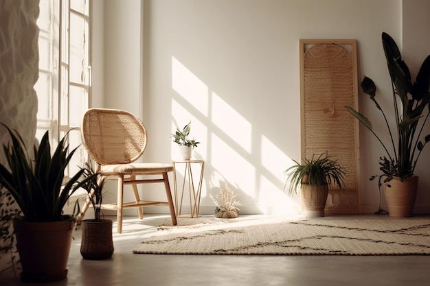 Interior de sala quente em estilo boho Decoração boho neutra em luz lâmpadas de vime da sala de estarmóveis macios plantas verdes e velas geradas por IA