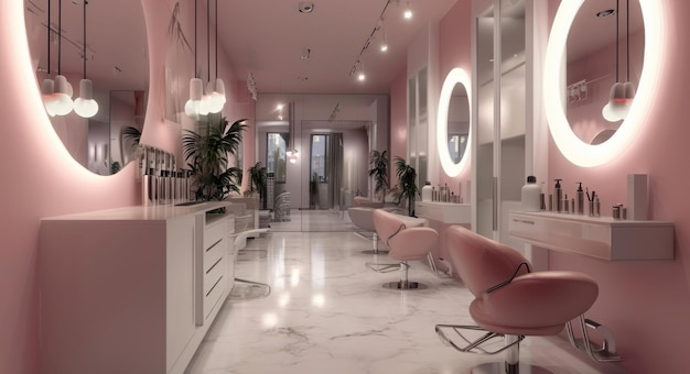 Foto interior de salão de beleza moderno com estações de cabelos e maquiagem elegantes design rosa e profissional