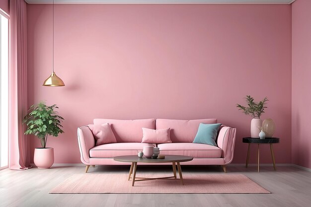 Interior de sofá rosa 3D em fundo pastel abstrato com mesa em estúdio sala de estar casa 3D renderização vista frontal para