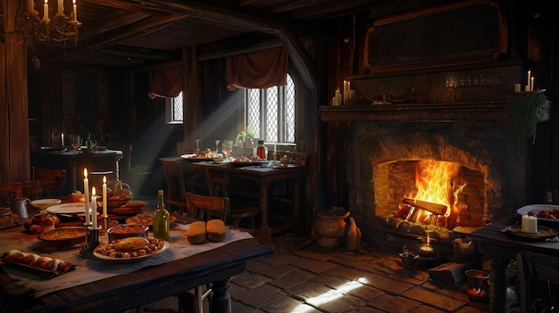 Interior de taverna medieval de mau humor com comida e bebida em mesas Generative Ai