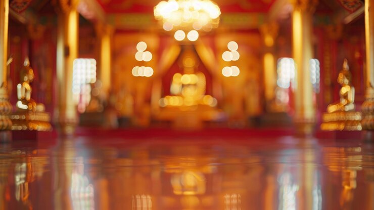 Foto interior de templo budista desfocado sem pessoas interior clássico cores claras papel de parede de fundo