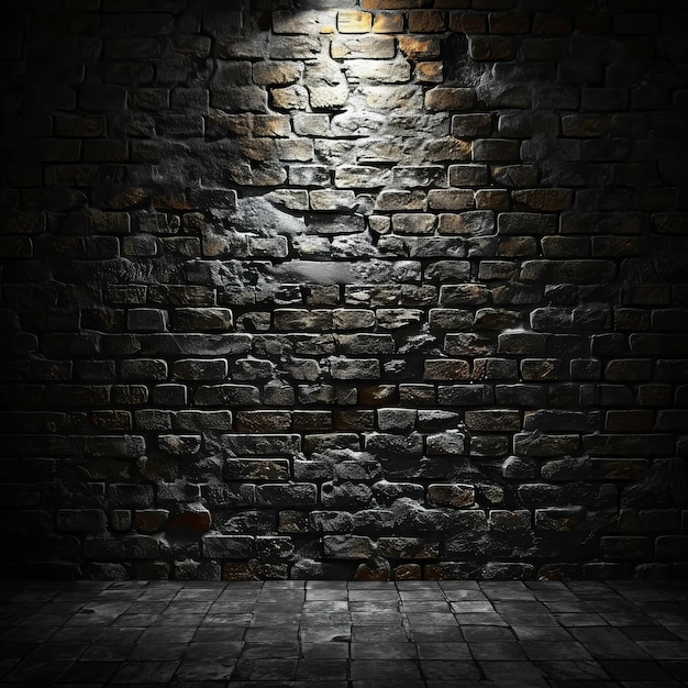 Foto interior de tijolos grunge 3d com spotlight brilhando para baixo