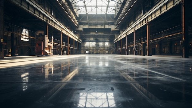 Interior de um antigo edifício industrial com grandes janelas e reflexos no chão