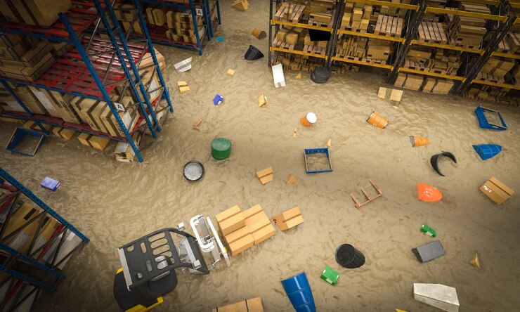 Foto interior de um armazém cheio de mercadorias danificadas por uma inundação de água