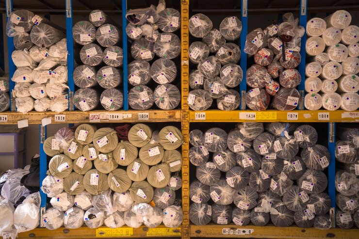 Foto interior de um armazém industrial com muitas prateleiras com rolos de tecido colorido neles o trabalhador levanta o tecido do rolo e verifica a quantidade