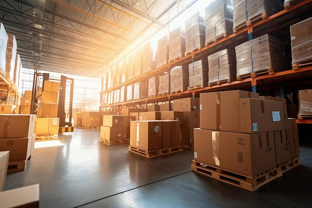 Foto interior de um armazém moderno grande espaço para armazenamento e movimentação de mercadorias logística fundo desfocado os raios do sol caem pelas janelas do armazém