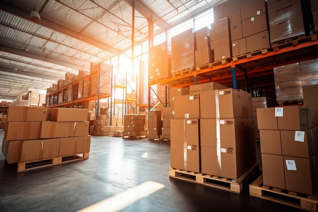 Interior de um armazém moderno Grande espaço para armazenamento e movimentação de mercadorias Logística Fundo desfocado Os raios do sol caem pelas janelas do armazém