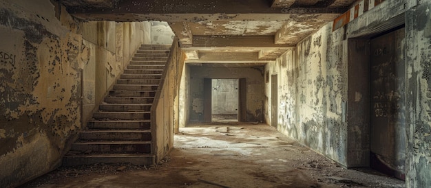 Interior de um bunker militar abandonado com uma atmosfera pós-apocalíptica assustadora