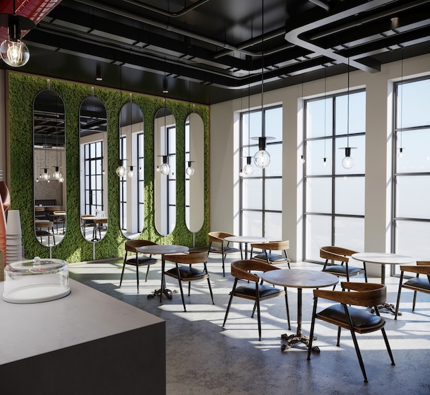 Foto interior de um café-restaurante, renderização 3d