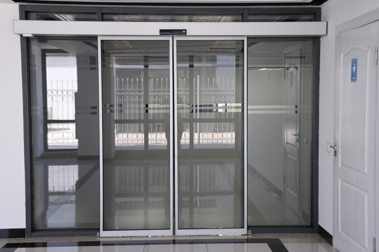Foto interior de um detalhe moderno do prédio de escritórios da porta de vidro do elevador