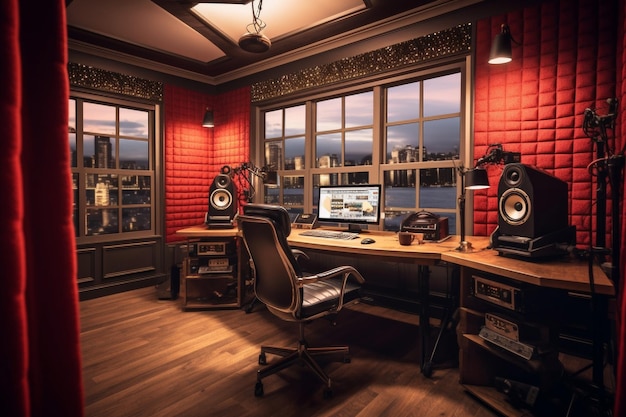 Interior de um escritório moderno com cortinas vermelhas e piso de madeira