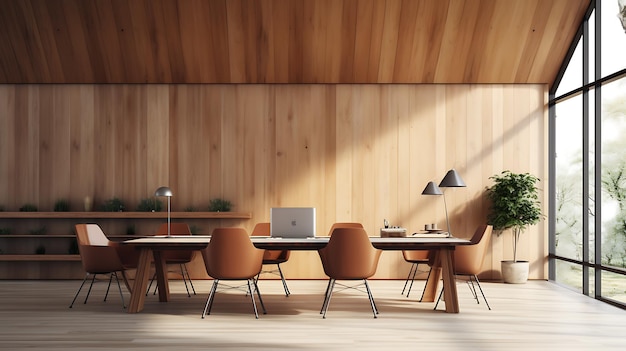Interior de um escritório moderno de madeira com paredes de madeira e fileiras de mesas de computador no chão de madeira