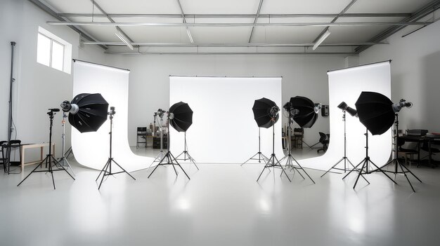 Interior de um estúdio fotográfico moderno com paredes brancas, chão branco e equipamentos de iluminação.