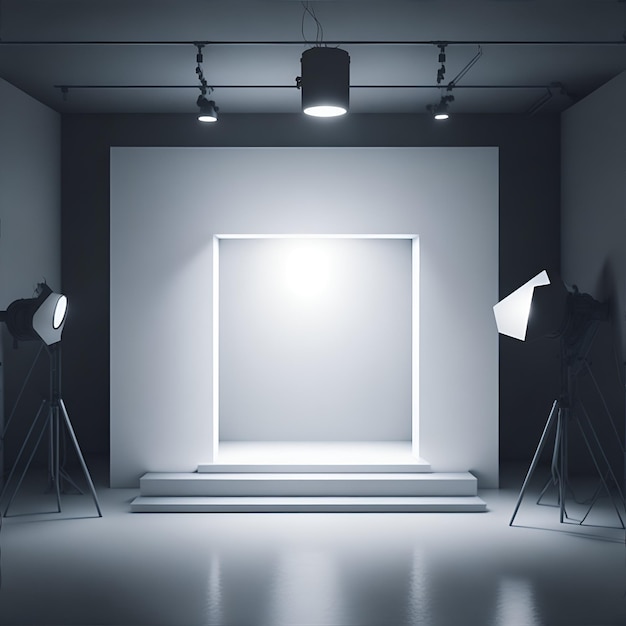 Interior de um estúdio moderno com parede branca vazia e equipamento de iluminação 3D