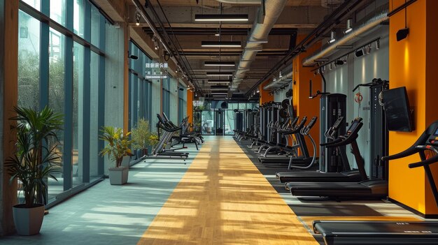 Foto interior de um ginásio de fitness moderno ampla gama de equipamentos esteiras bicicletas de exercício máquinas de peso