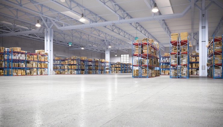 Foto interior de um grande armazém com prateleiras e mercadorias