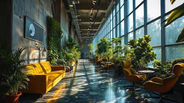 Interior de um lobby de hotel com sofás e plantas amarelas