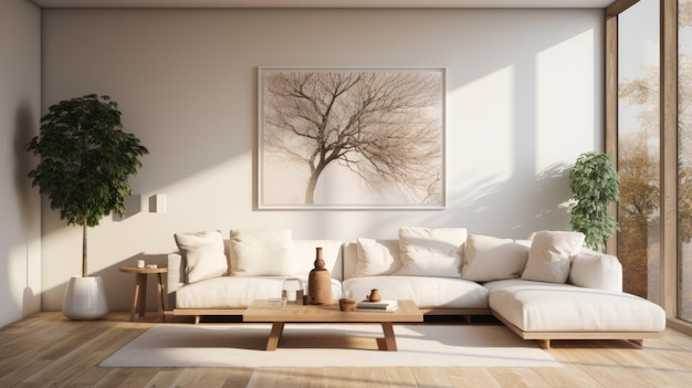 Interior de um póster de sala de estar minimalista moderna na parede, chão de madeira dura, sofá branco com almofadas