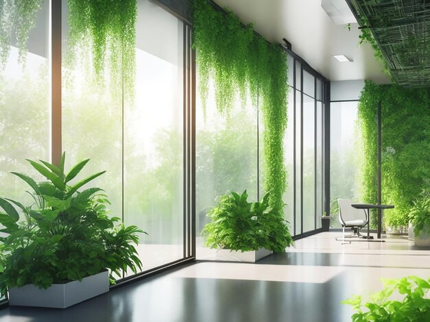 Interior de um prédio de escritórios moderno com jardim e plantas verdes como decoração