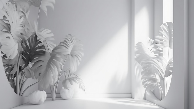 Interior de um quarto branco com luz solar e plantas tropicais