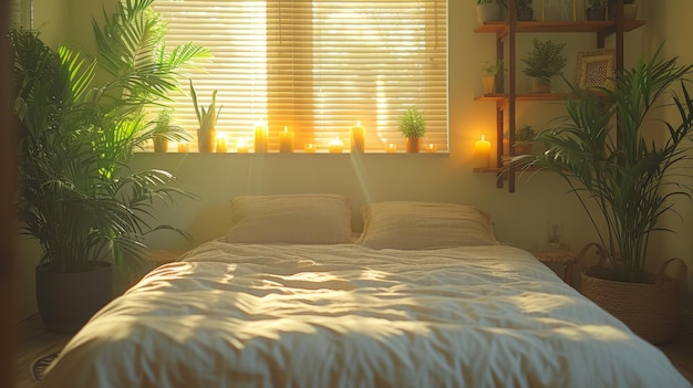 Foto interior de um quarto com prateleiras de cama queimando velas e plantas de casa perto de uma parede branca