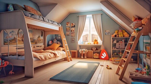Interior de um quarto de crianças com uma cama de dois andares, uma escada e brinquedos