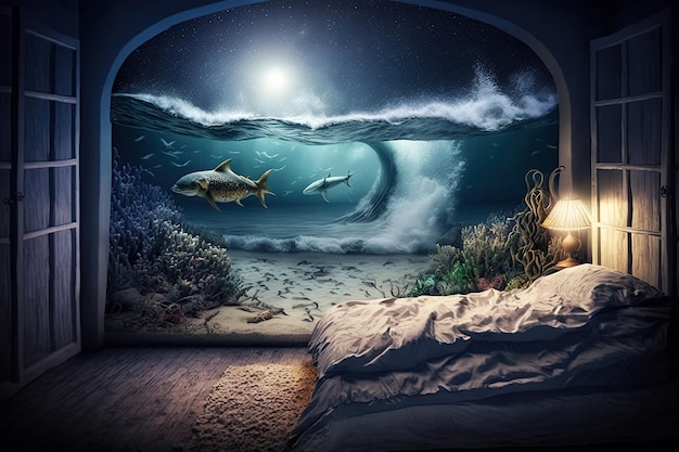 Foto interior de um quarto em um hotel com um aquário dentro do mar com peixes dentro da casa sonhos de viagem ilustração de ia generativa