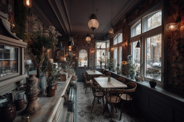 Interior de um restaurante com mesas e cadeiras de madeira em estilo vintage Dentro de um café-restaurante lindamente decorado Ai Generated