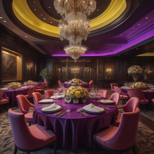 Foto interior de um restaurante de luxo com mesas e cadeiras