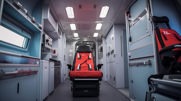 Interior de um veículo de emergência Moderna ambulância de acidente simulado com ninguém
