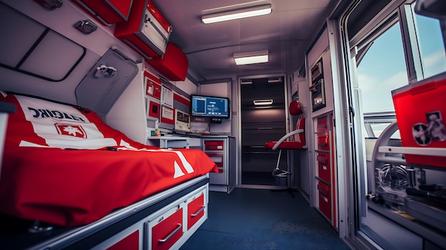 Foto interior de um veículo de emergência moderna ambulância de acidente simulado com ninguém