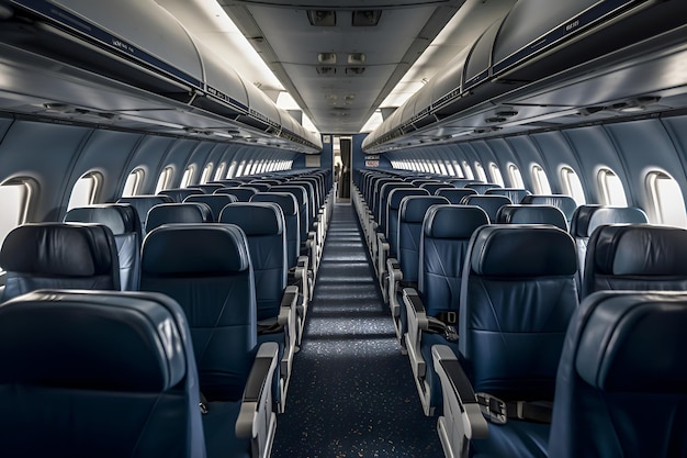 Interior de uma cabine de avião moderna vazia na cor azul Generative AI