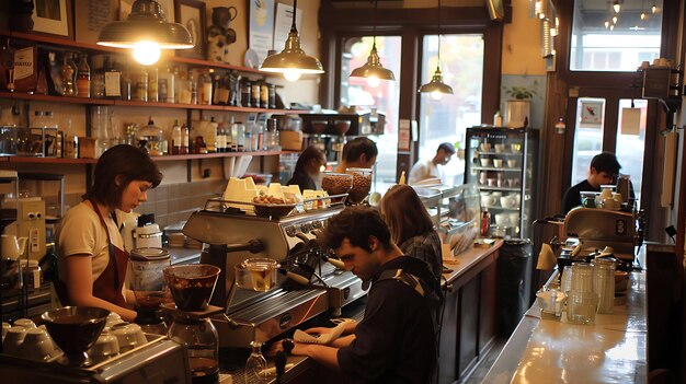 Interior de uma cafeteria com baristas trabalhando e clientes sentados em balcões e mesas