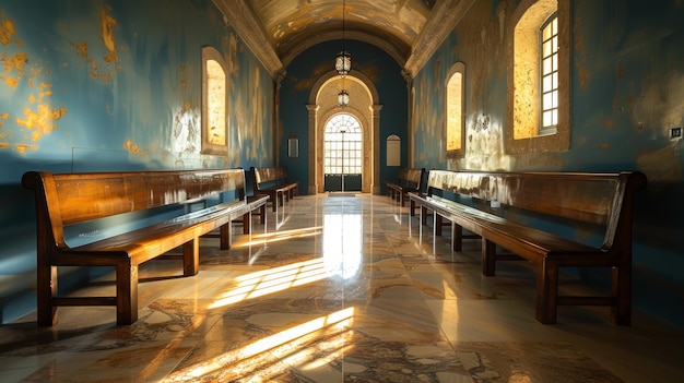 Interior de uma capela histórica iluminada pelo sol com elegantes bancos de madeira